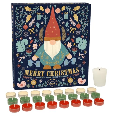 Gnome Merry Christmas Scented Candle Advent Calendar. Countdown to Christmas with a surprise candle for every day. 23 x Tea Lights & 1 x Votive Candle for Xmas Eve. Luxury Premium Advent *VEGAN*