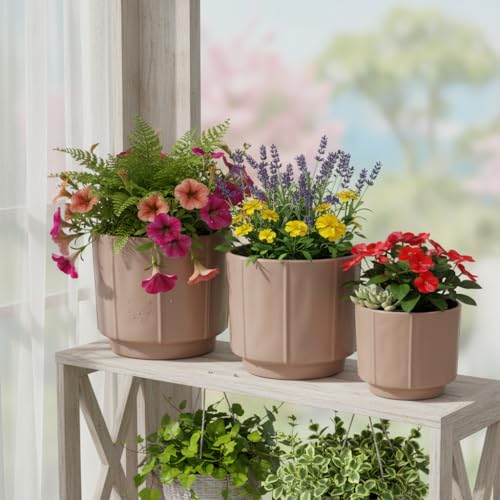 Image of Xtore Contour Ceramic Planter Set | Soft-Tone Minimal Plant Pots for Home & Office Decor - (Set of 3, Taupe, Planter ONLY)
