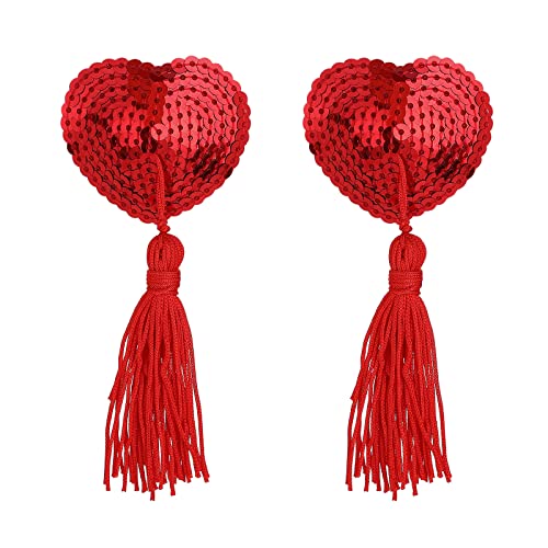 1 Pair Women Reusable Breast Pasties, Heart-Shaped Breast Bra with Sequins Tassel Adhesive Nipple Cover Stickers