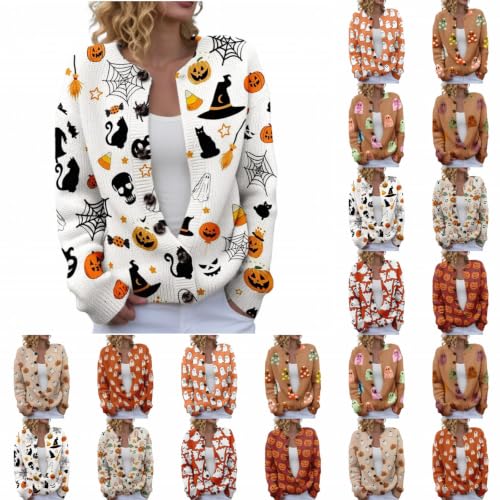 Halloween Sweaters For Women,Halloween Sweaters For Women Fall Casual Knitted Cardigan Pullover Pumpkin Button Tops Beige 01 Large - image 1