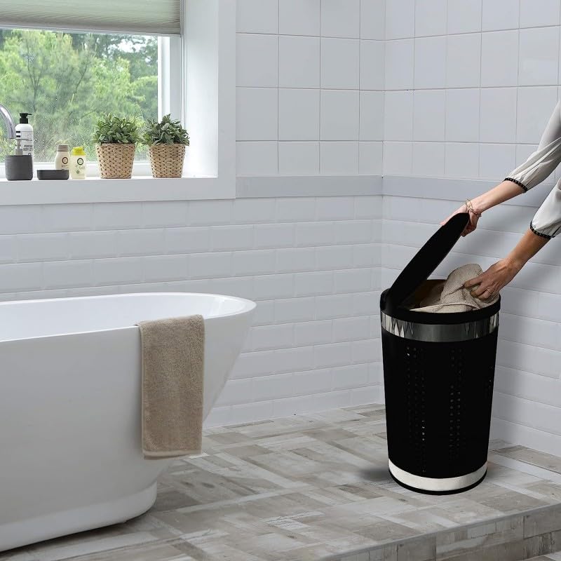 MSV Wäschetonne Wäschekorb Wäschesammler Wäschetruhe mit Sitzkissen Rund, 60,5 cm Höhe Metall Schwarz matt