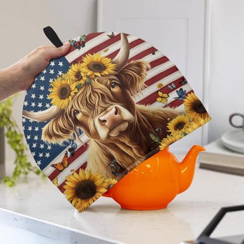 Image of Highland Cow Tea Pot Cover for Teapot American Flag Tea Kettle Cover Keep Warm Tea Cup Dust Proof Teapot Dust Protector for 4th of July