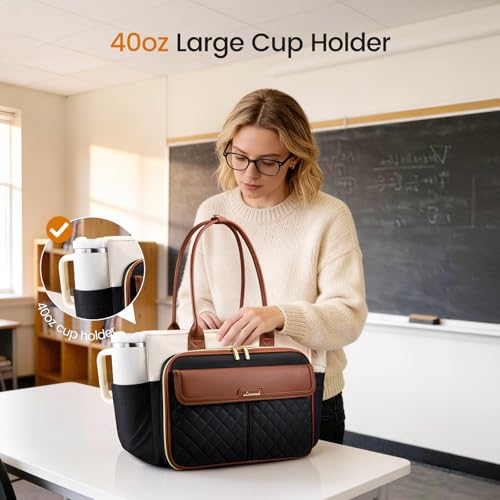 Image of LOVEVOOK 17 Inch Laptop Tote Bag for Women, Teacher Nurse Work Tote Bags with Large Cup Holder & Accordion File Area for Office, Travel, College, Computer Handbags Quilted Diaper Bag Gifts