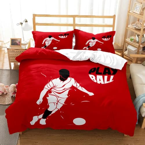 BJCJGGL Housse de Couette 200x200 Adolescent Ballon De Football Rouge Parure de Lit 2 Personnes avec Fermeture Éclair et 2 Taie d'oreiller 65x65 cm - Doux Respirant Microfibre Housse de Couette