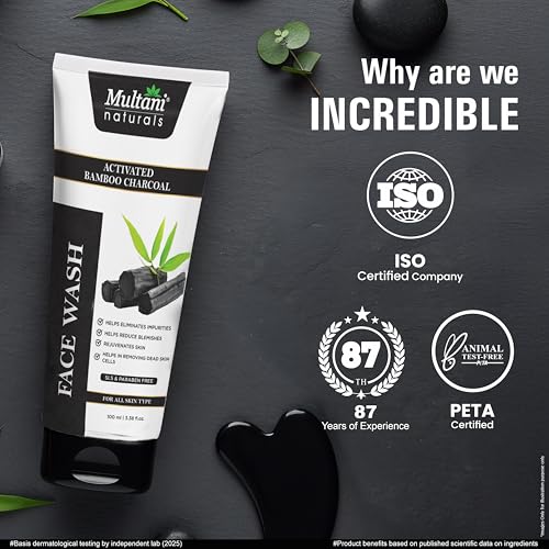 Image of Multani Naturals Charcoal Face Wash 100ml (Pack of 2)| Deep Cleansing Face Wash with Activated Bamboo Charcoal | Removes Dirt, Oil & Toxins | Oil Control for Acne-Prone Skin | For Men & Women | SLS & Paraben Free, Dermatologically Tested | For All Skin Type