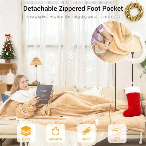 Electric Snuggle Blanket Wearable Heated Throw Blanket with Removable FootPocket,Heat Robe for Women Heated Blanket Hoodie with Sleeves Full Body Heating Throw Shawl Wrap with 9 Temp 50"x80" by opclzs - Image 2