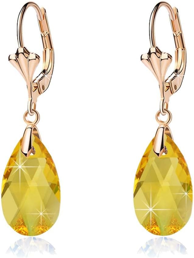 Austrian Crystal Teardrop Leverback Dangle Earrings for Women Fashion 14K Gold Plated Hypoallergenic Jewelry