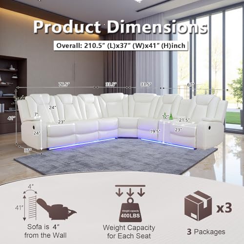 Image of Power Leather Recliner Sectional Sofa with LED Lights for Living Room, L Shaped Reclining Sectional Sofa, Modular Leather Couch with Coffee Table /Hidden Storage for Home Theater Seating