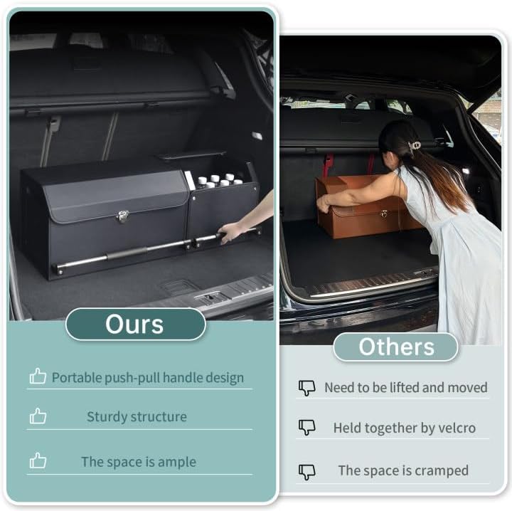 Miniatura 2 de Organizador de maletero de automóvil, organizador de almacenamiento plegable de cuero con tapa y asa resistente, organizador y almacenamiento para