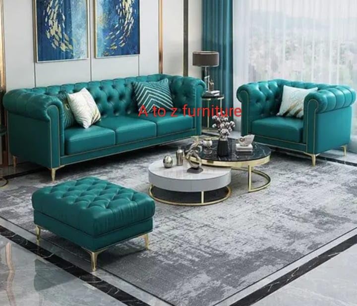 Image of A to Z Furniture Modern Classic Fabric & Valvet Tufted Chesterfield Sofa Living Room and Office (Teal Green leatharrate)