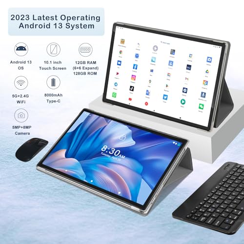 Image of Oangcc Android 13 Tablet 10 Inch 2026, 12GB+128GB+2TB Expand, 8000mAh Battery, Octa-Core, 5MP+8MP Dual Camera, 2.4G /5G WiFi, GPS, 1280x800 IPS, Tablets with Keyboard Mouse & Case - Grayish Blue