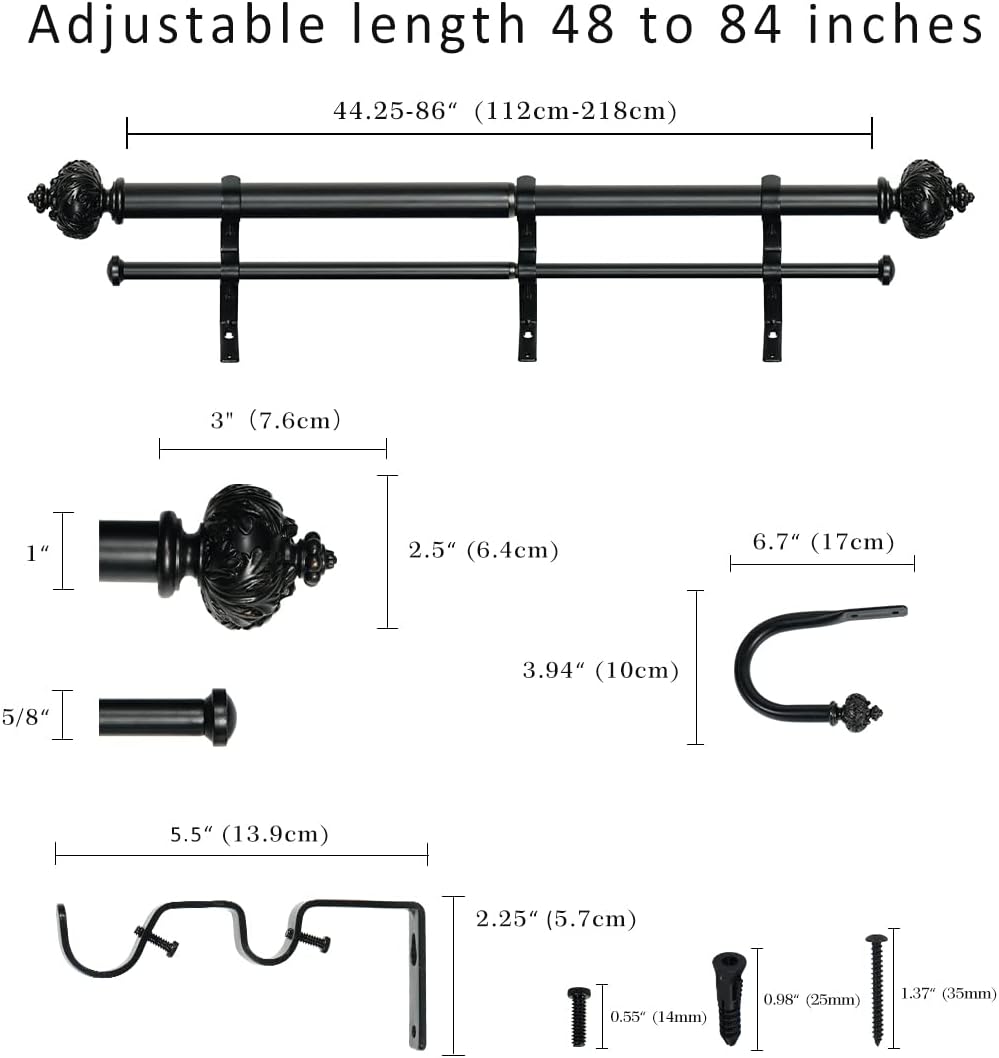 1" Double Curtain Rod with Albert Finials and holdbacks,Black gold,48‘’-84‘’