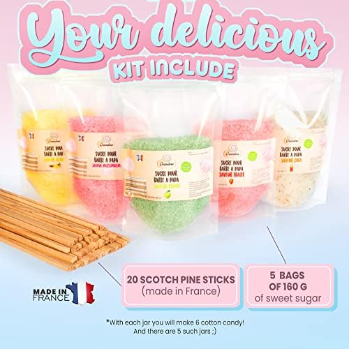 Greendoso® Candy Floss Sugar For Machine (5x160g) - Pack of 5 Flavours (Strawberry/Cola/Apple/Marshmallow/Vanilla) - Natural Colourings & Flavours - 20 Sticks - MADE IN FRANCE