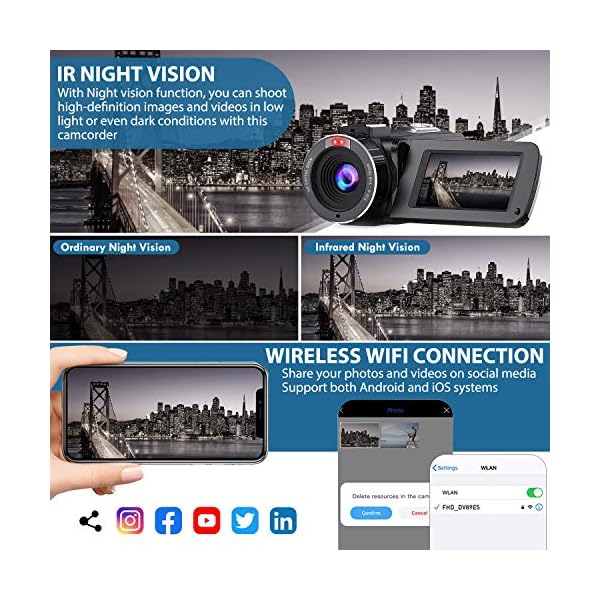 Videokamera Camcorder WiFi YouTube Vlogging Kamera FHD 1080P 30FPS 26MP 16X Digital Zoom IR Nachtsicht 7,6 cm IPS Touch… – Bild 4