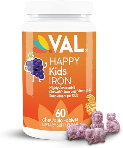 Miniatura 1 de VAL Happy Kids Suplemento de hierro para niños, sin azúcar, vegano, fantástico sabor a uva, forma divertida, 60 tabletas masticables, a partir de 4