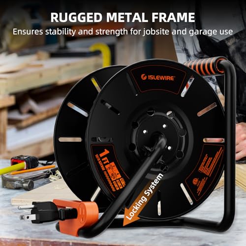 Extension Cord Storage Reel with 4-Grounded Outlets & 2 USB Ports, Heavy Duty Open Cord Reel for 12/3,14/3,16/3 Gauge Power Cord, Hand Wind Retractable, 15A Circuit Breaker, ETL Listed, Orange by islewire - Used condition - Image 7