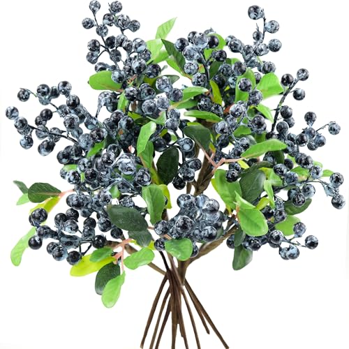 FiveSeasonStuff Versatile Artificial Holly Blue Berry Branches: Set of 10