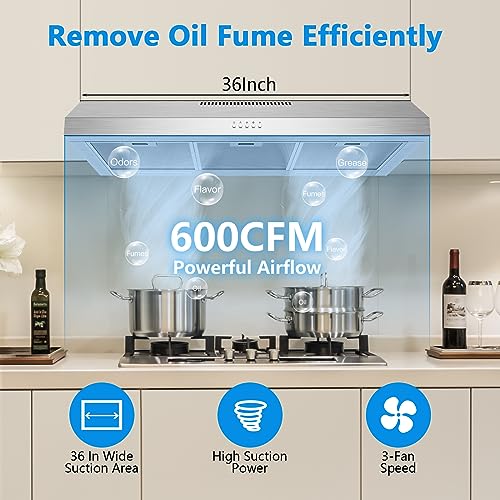 Image of 600 CFM Range Hood 36 Inch, Under Cabinet Range Hood for Duct /Ductless Convertible, Stainless Steel Kitchen Stove Vent Hood with 3 Speed Kitchen Exhaust Fan and Two Bright Energy-Saving LED Light
