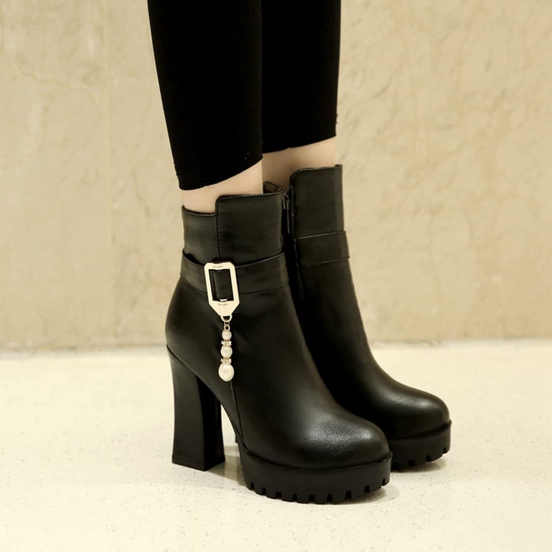 VOKLIN Women's Fashion Platform High Heel Dressy Ankle Boots Round Toe Side Zipper Party Dress Short Booties