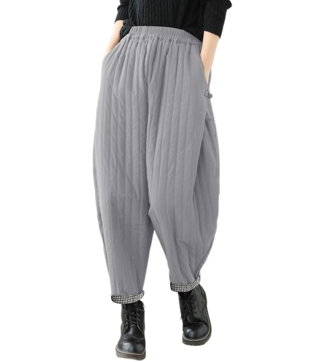 Women Winter Warm Down Cotton Pants Thicker Padded Quilted Pants Relaxed Fit Wide Leg Trousers with Pockets Light