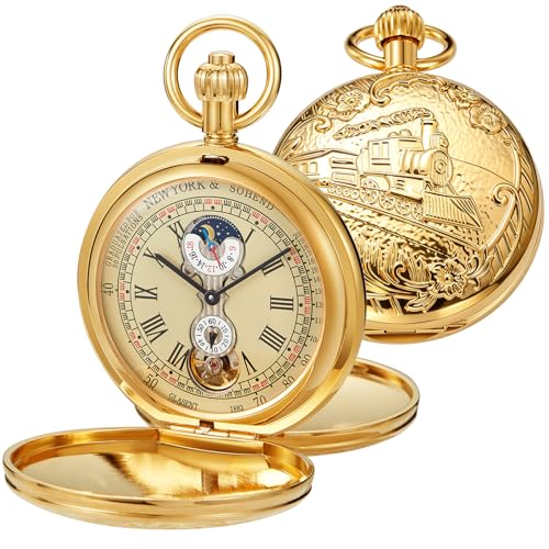 Image of Men's Mechanical Pocket Watch with Chain, Vintage Full Copper Hand-Wind Second&24hours Sub-dials Pocket Watches for Men with Box