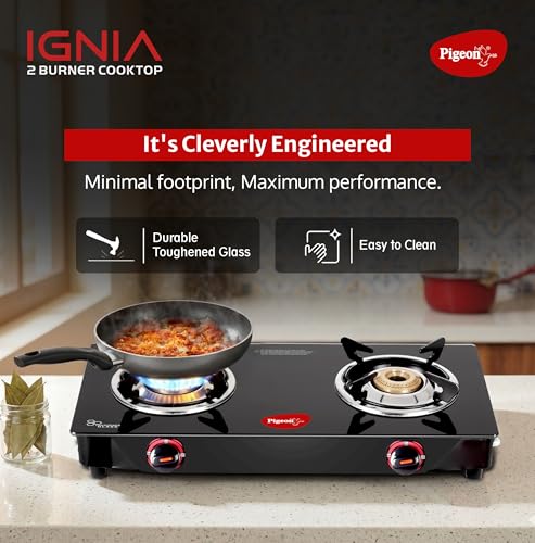 Image of Pigeon Ignia 2 Burner Gas Stove | Brass Burner | Easy Cleaning | Toughened Glass | 2 year Warranty