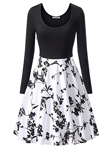 HUHOT Women's Vintage Scoop Neck Long Sleeve A-Line Cocktail Party Midi Dress Medium HS6418-1