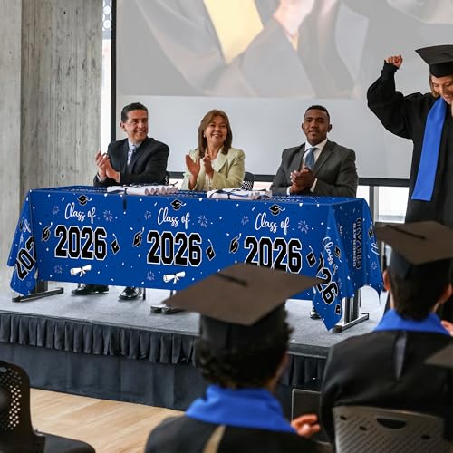 Image of QZYL 4 Pack Graduation Tablecloth, 54 inch x 108 inch Blue Graduation Table Decorations 2026, Plastic Tablecover for Class of 2026 Congrats Grad, Rectangle Disposable Grad Party Decorations Supplies Favors