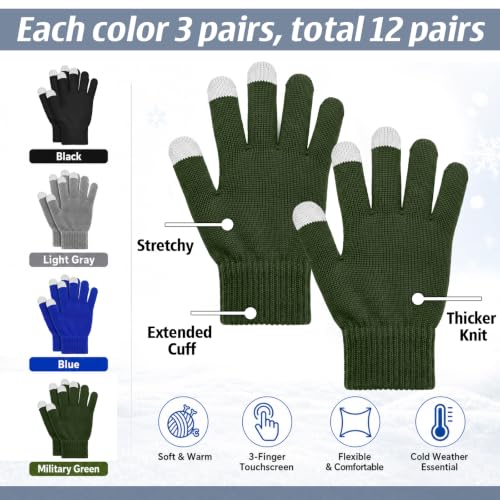 Image of Pangda 12 Pairs Winter Touch Screen Gloves for Men Women Stretch Knitted Texting Gloves Warm Windproof Solid Color Mittens