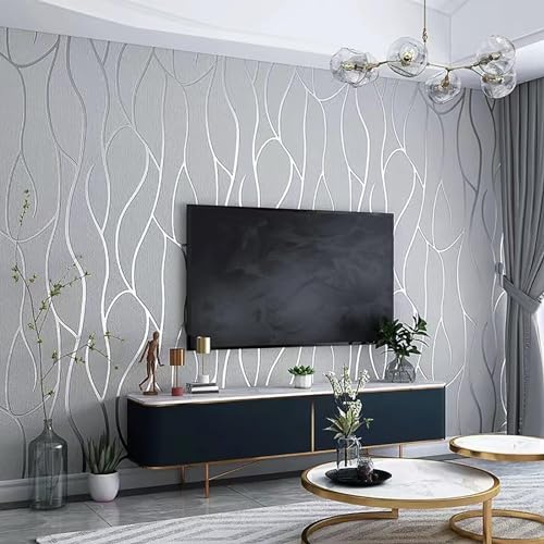 Trafagala 3D Non-Woven Embossed Silver Grey Wallpaper Textured Effect Wall Paper Roll Modern Micro Glitter Geometric Striped Satin Surface Feature Wallpaper for Livingroom Bedroom