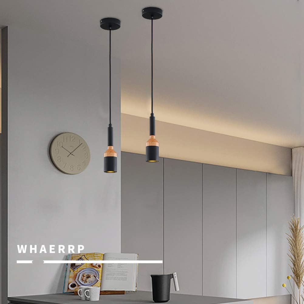Super Big Clearance! WHAERRP Modern Mini Cylinder Pendant Light , Hanging Light Fixture with Matte Black Finish and Wood Shade GU10 Base Loft Wram White Ceilings Lamps for Kitchen Island Restaurants Dining Room (2-Pack)