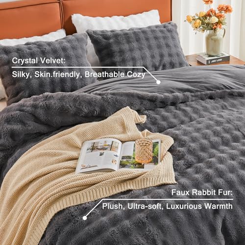 Image of EMME Faux Fur Duvet Cover Twin Size, 2 Pieces Ultra Soft Fluffy Comforter Cover, Cozy Warm for Winter, Luxury Elegant Shaggy Bubble Design Bedding, 1 Duvet Cover & 1 Pillow Shams (Twin, Dark Grey)