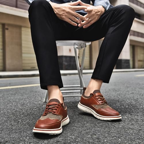 Men's Genuine Leather Knit Oxfords Sneakers Fashion Carving Round-Toe Lace Up Low Top Brogue Dress Shoes Lightweight Comfortable Casual Business Formal Shoes4
