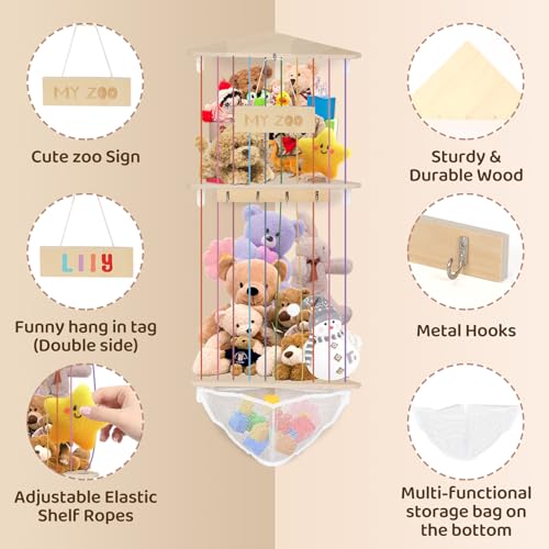 Miniatura 3 de Almacenamiento De Animales De Peluche, Cuerda Elástica, Organizador De Juguetes, Longitud Ajustable, Hamaca Colgante De Madera, Almacenamiento De Peluches Esquineros Para Dormitorio, Guardería, Sala
