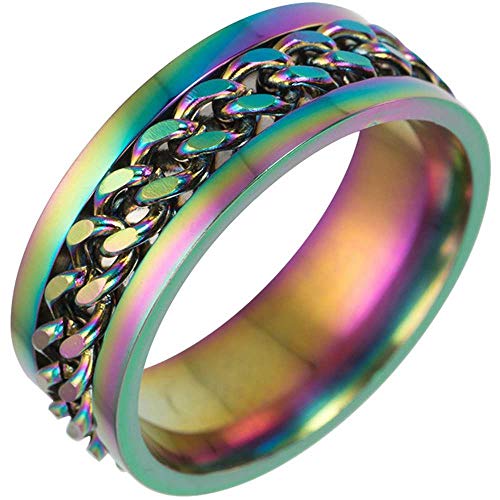 Jude Jewelers 8mm Stainless Steel Chain Inlay Rotating Spin Wedding Band Biker Ring (Rainbow, 5)