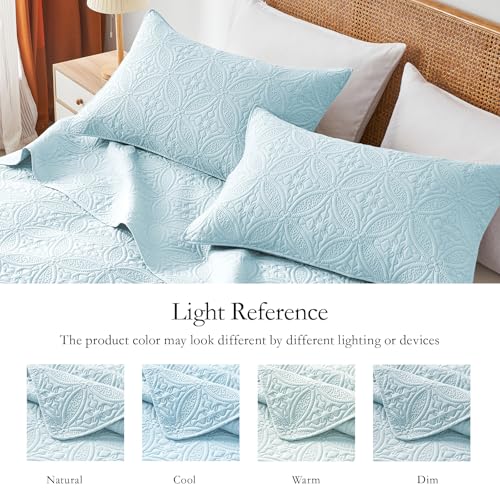 WURUIBO Full/Queen Quilt Set Sky Blue, Microfiber Lightweight Bedspreads, Ultrasonic Embossed Solid Coverlet, Thin Bedding Set for All Season, Soft Breathable Bed Cover(1 Quilt, 2 Pillow Shams) by WURUIBO - Used condition - Image 5
