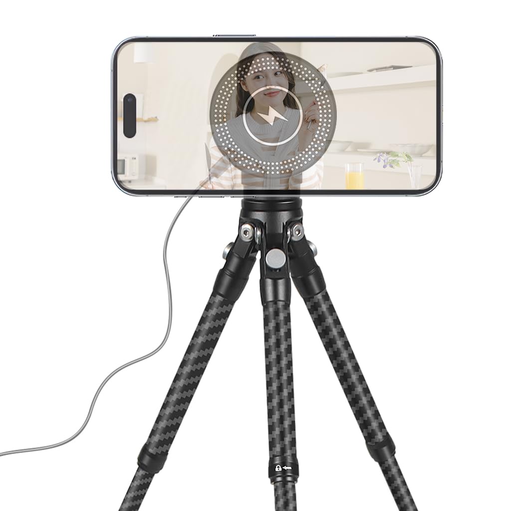 BGNing Magnetic Tripod Mount with Tripod 360° Rotating Ball Head Carbon Fibre Tripod Compatible with Magsafe Charging Phone Holder Suction Cup (Charging Type A)