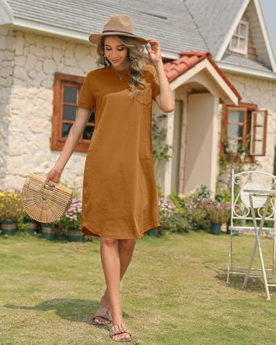 Image of Dyexces Summer Dress for Women Crew Neck Short Sleeve Solid Basic T-Shirts Casual Midi Dresses with Pocket