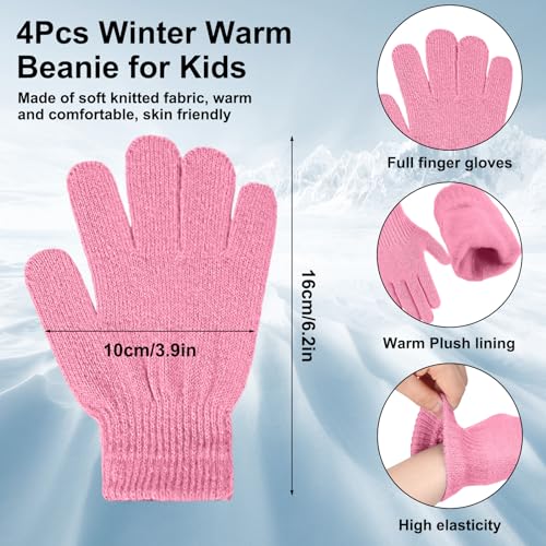 Image of JaGely Kids Beanie and Glove Set Winter Snow Warm Hat and Gloves Unisex Knit Hat with Pompom Full Fingers Ski for Boys Girls