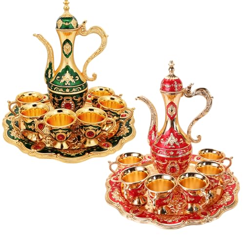 Service à thé marocain et café turc en métal vert ciselé - 8
