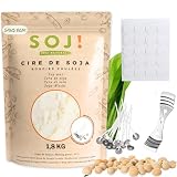Soj! - Cire à bougie - Cire de Soja végétal pour la création/DIY de bougie, remplissage bougie - Pour bougie coulée - En flocons -1,8KG + 20 mèches
