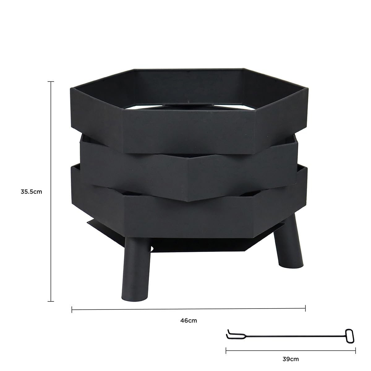 CHARLES BENTLEY Brasero Hexagonal Moderne 46cm, Acier thermolaqué Noir, résistant à la Chaleur et Rouille, avec tisonnier, Design Contemporain (46x46x35.5cm)