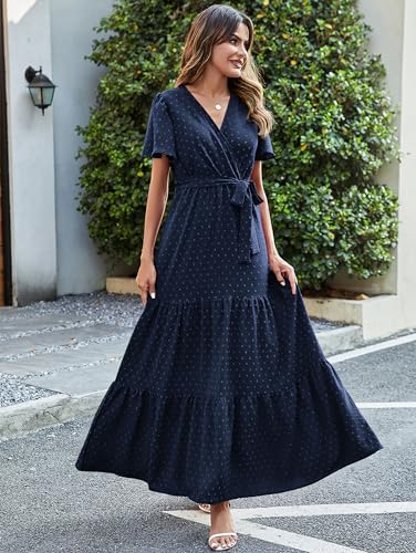 Image of MASCOMODA Women Boho Swiss Dot Maxi Dresses Wrap V Neck Flutter Short Sleeve Solid Tie Waist A Line Tiered Flowy Long Dresses