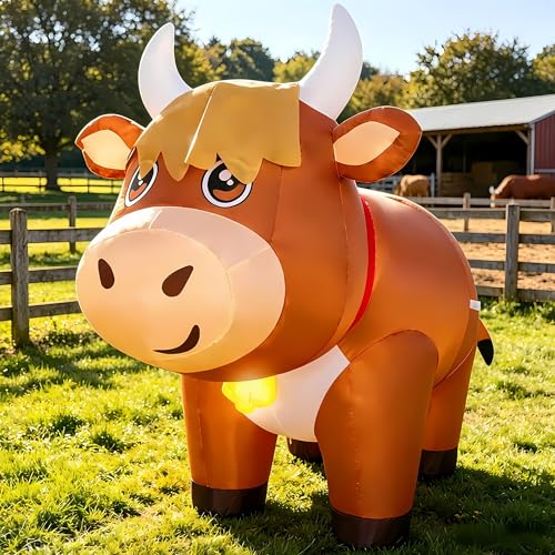 PIPIMOUSE 6FT Spring Inflatables Highland Cow Outdoor Decorations Blow Up Highlander Cattle Calf with Built-in LED Lights for Ranch Party Lawn Yard Patio Garden Farm