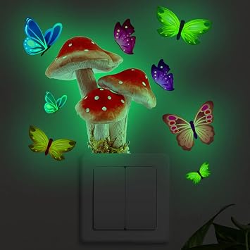 Glow in The Dark Colorful Butterfly Mushroom Fairy Wall Sticker Cartoon Luminous Flying Butterfly Light Switch Decals for Girls Bedroom Nursery Living Room Classroom Ceiling Decor Kids Gift