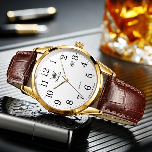 Image of OLEVS Men Leather Watches Classic Quartz Large Dial Easy Read Waterproof