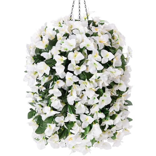 Image of INSPRING Artificial Bougainvillea Faux Flowers Plants Baskets for Outdoor Outside Decoration, 3PCS Fake Silk Flowers Long Trailing Vines UV Resistant Realistic for Front Door Porch Patio (White)