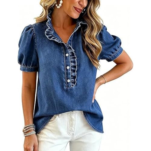 Blouse en jean à volants dotée d'une basque élégante et manches courtes - 6
