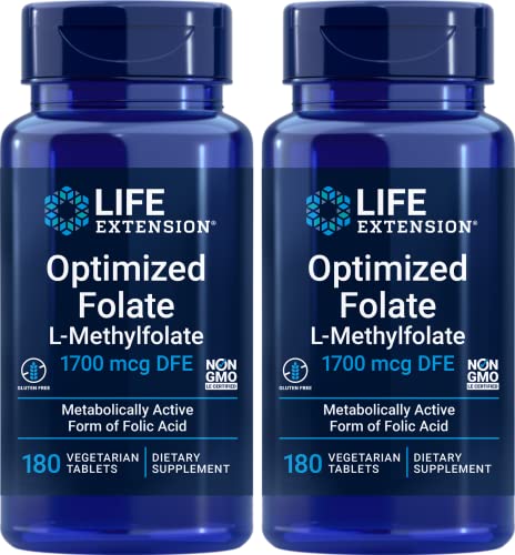 Life Extension Optimized Folate (L-Methylfolate) 1700 mcg DFE 180 Veg Tablets (Pack of 2)