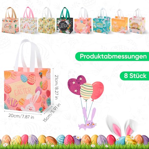 8 Stück Set osterkörbchen, Ostertüten zum Befüllen - Bunte Geschenktüten Ostern mit Henkel aus Vliesstoff - Robuste Taschen für Ostergeschenke - Osternester Jungen Mädchen Party Deko Motive